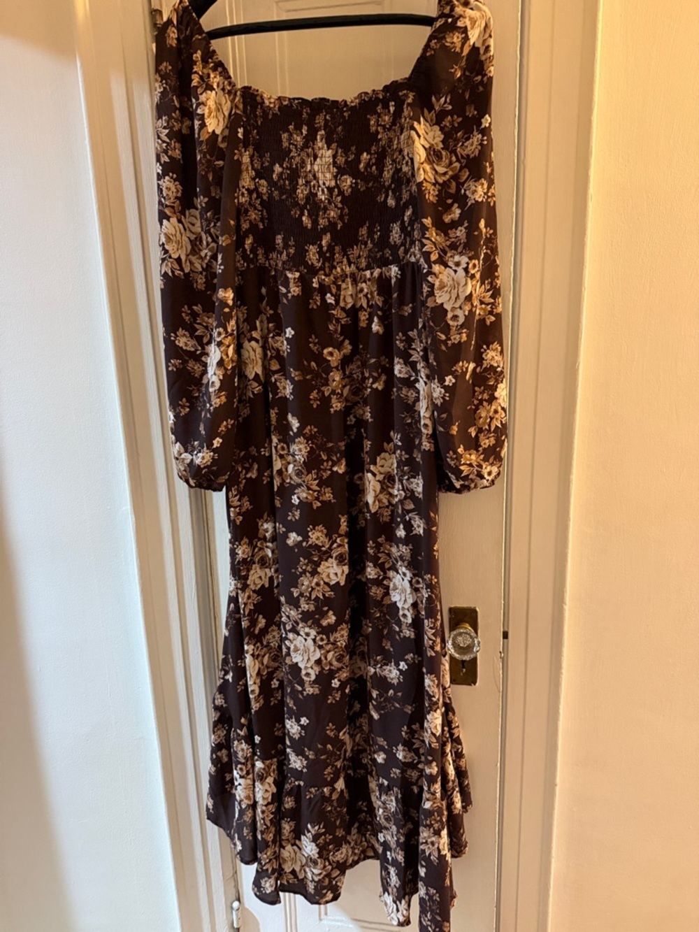 Brown Floral Maxi Dress with Cream Roses